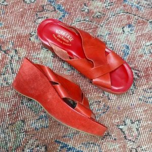 Kork-Ease red leather and suede wedge sandals, 10